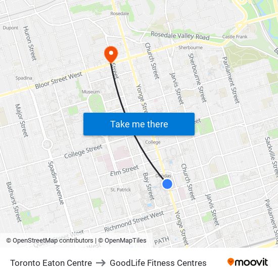 Toronto Eaton Centre to GoodLife Fitness Centres map