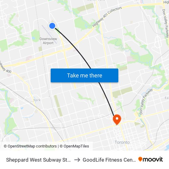 Sheppard West Subway Station to GoodLife Fitness Centres map