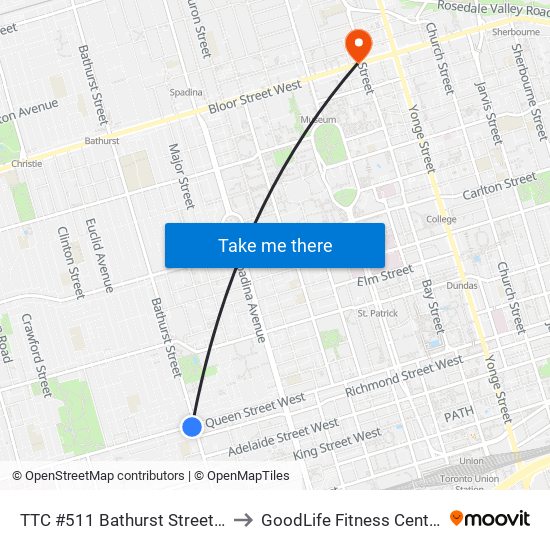 TTC #511 Bathurst Streetcar to GoodLife Fitness Centres map