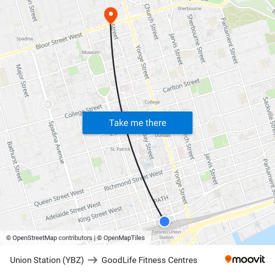 Union Station (YBZ) to GoodLife Fitness Centres map