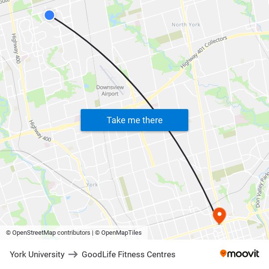 York University to GoodLife Fitness Centres map