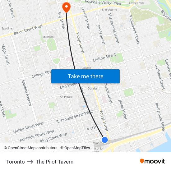 Toronto to The Pilot Tavern map