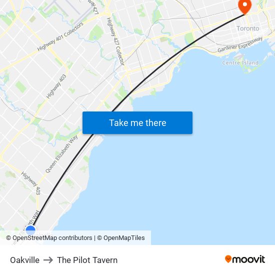Oakville to The Pilot Tavern map