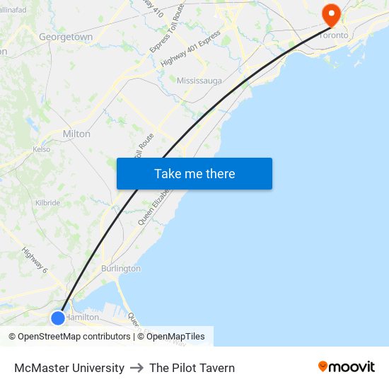 McMaster University to The Pilot Tavern map