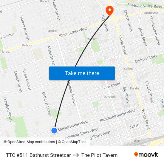 TTC #511 Bathurst Streetcar to The Pilot Tavern map
