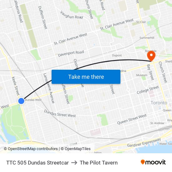 TTC 505 Dundas Streetcar to The Pilot Tavern map