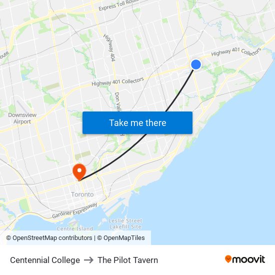 Centennial College to The Pilot Tavern map