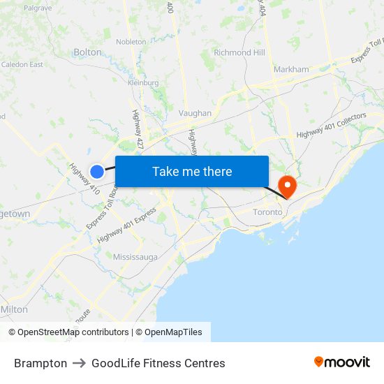 Brampton to GoodLife Fitness Centres map