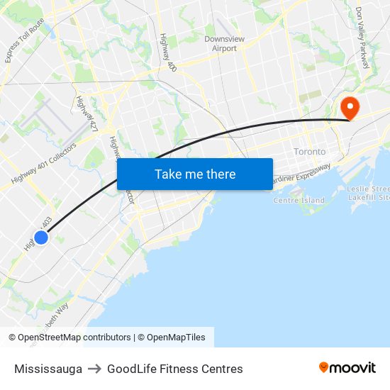 Mississauga to GoodLife Fitness Centres map