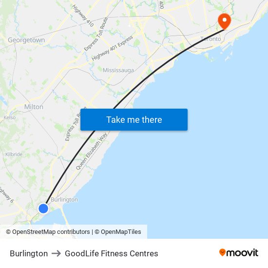 Burlington to GoodLife Fitness Centres map