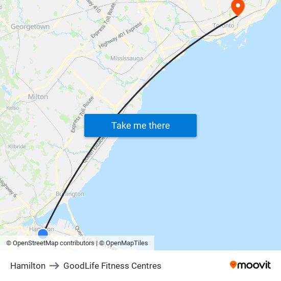 Hamilton to GoodLife Fitness Centres map