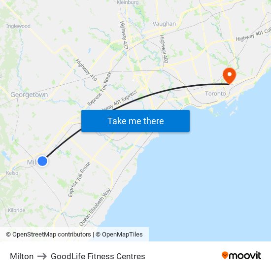 Milton to GoodLife Fitness Centres map