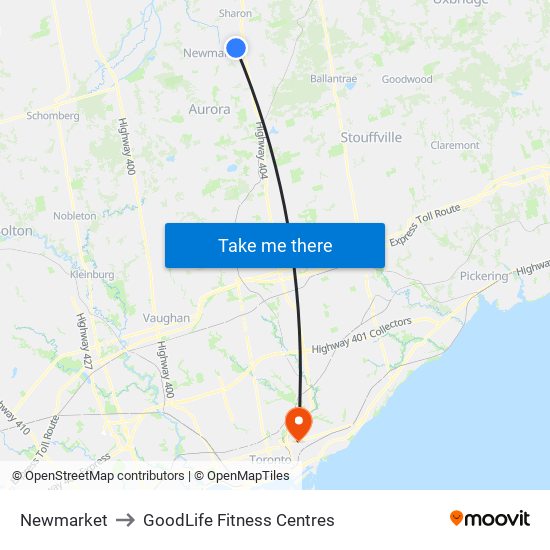 Newmarket to GoodLife Fitness Centres map