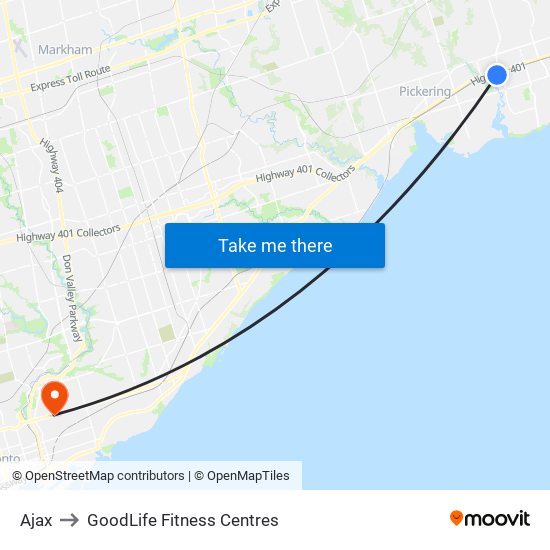Ajax to GoodLife Fitness Centres map