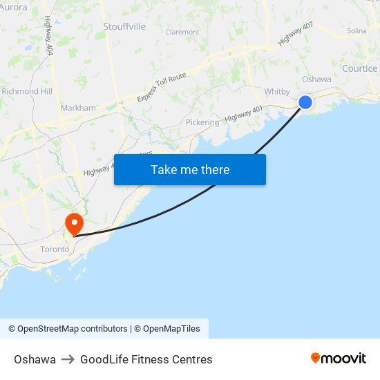 Oshawa to GoodLife Fitness Centres map