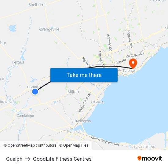Guelph to GoodLife Fitness Centres map
