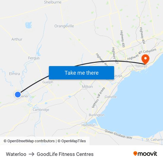 Waterloo to GoodLife Fitness Centres map