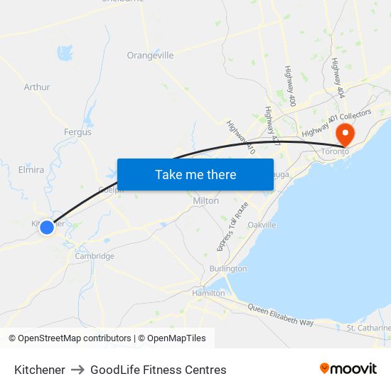 Kitchener to GoodLife Fitness Centres map