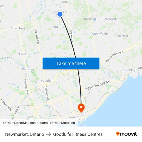 Newmarket, Ontario to GoodLife Fitness Centres map