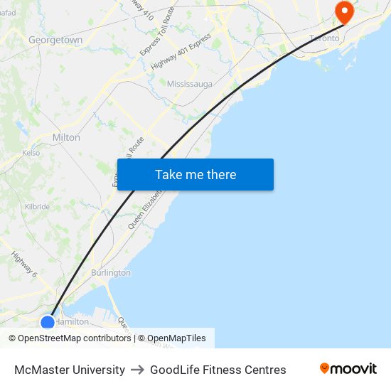 McMaster University to GoodLife Fitness Centres map