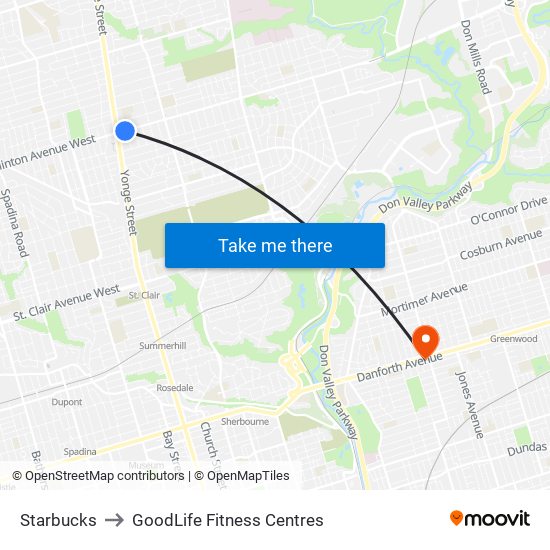 Starbucks to GoodLife Fitness Centres map