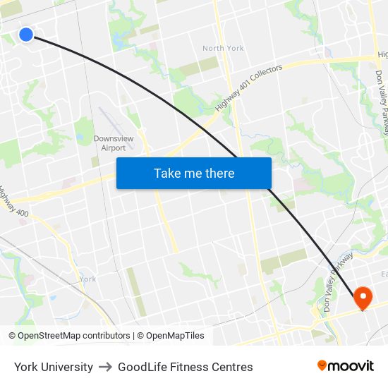 York University to GoodLife Fitness Centres map