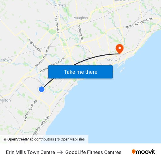 Erin Mills Town Centre to GoodLife Fitness Centres map