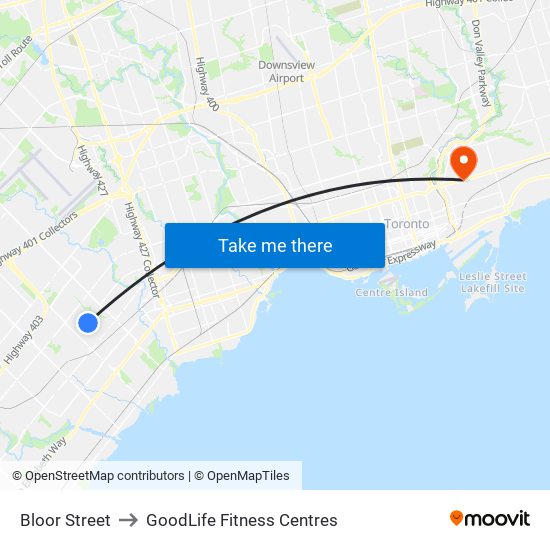 Bloor Street to GoodLife Fitness Centres map