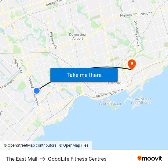 The East Mall to GoodLife Fitness Centres map