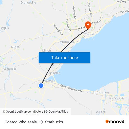 Costco Wholesale to Starbucks map