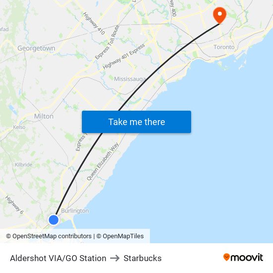 Aldershot VIA/GO Station to Starbucks map