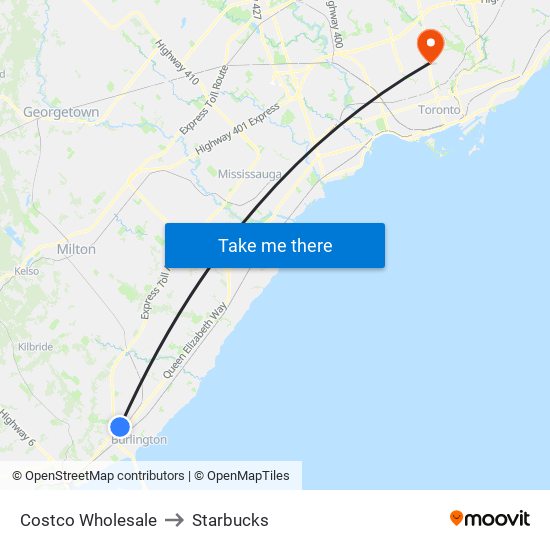 Costco Wholesale to Starbucks map