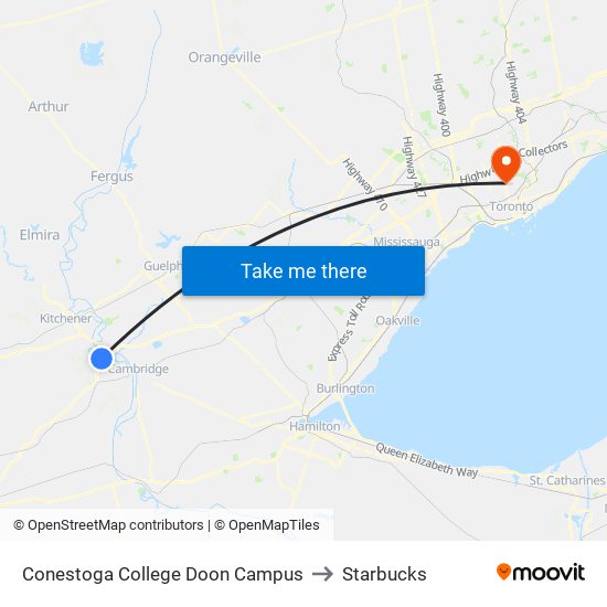 Conestoga College Doon Campus to Starbucks map