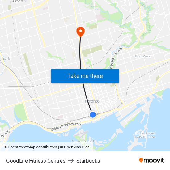 GoodLife Fitness Centres to Starbucks map
