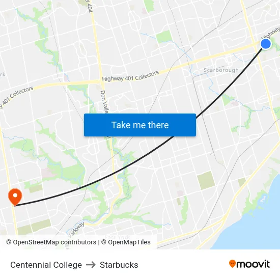 Centennial College to Starbucks map