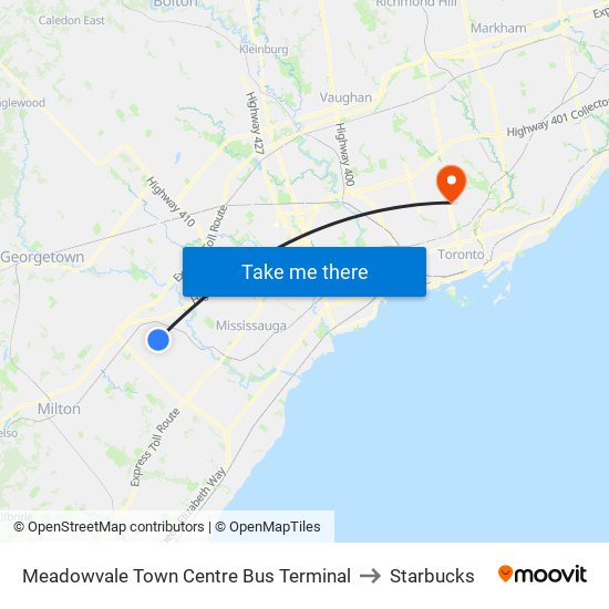 Meadowvale Town Centre Bus Terminal to Starbucks map