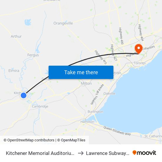 Kitchener Memorial Auditorium Complex to Lawrence Subway Station map