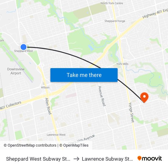 Sheppard West Subway Station to Lawrence Subway Station map