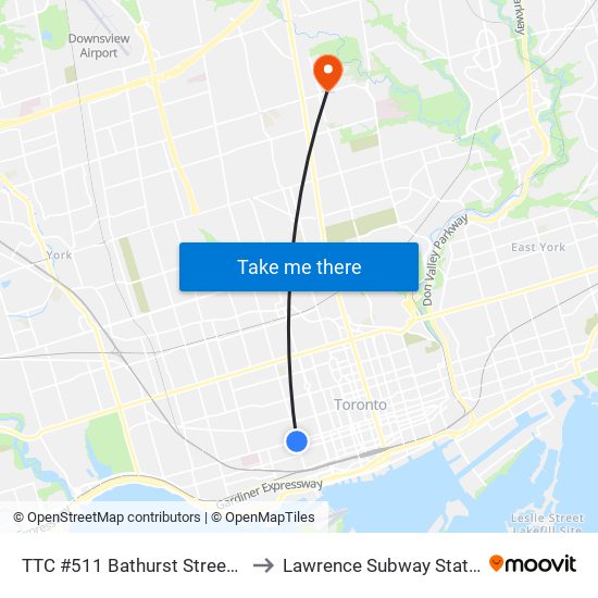TTC #511 Bathurst Streetcar to Lawrence Subway Station map