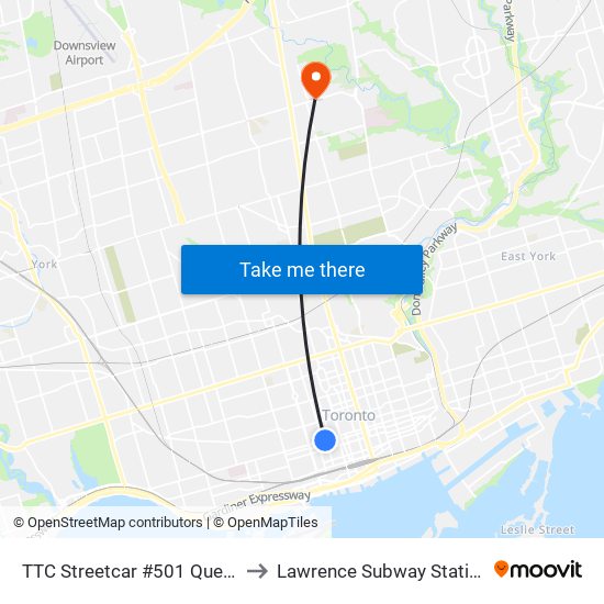 TTC Streetcar #501 Queen to Lawrence Subway Station map