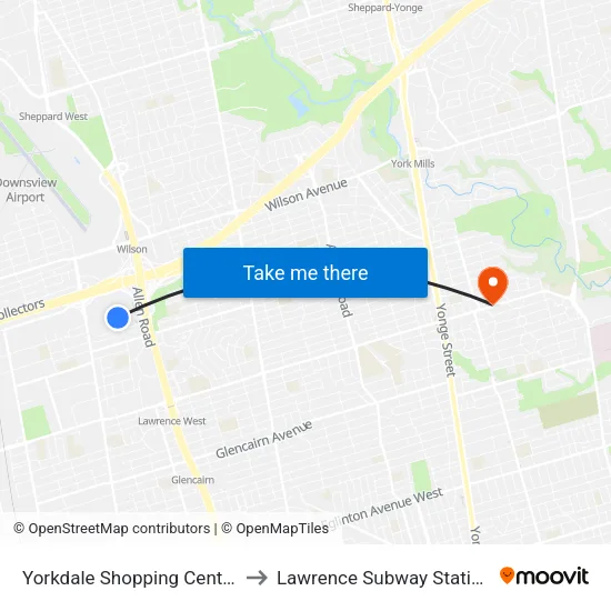 Yorkdale Shopping Centre to Lawrence Subway Station map