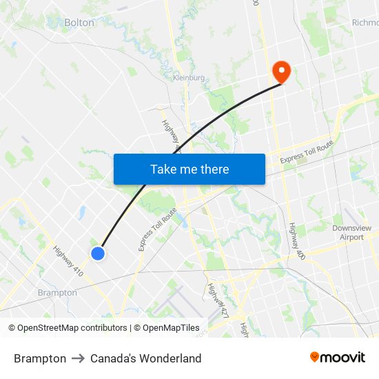 Brampton to Canada's Wonderland map