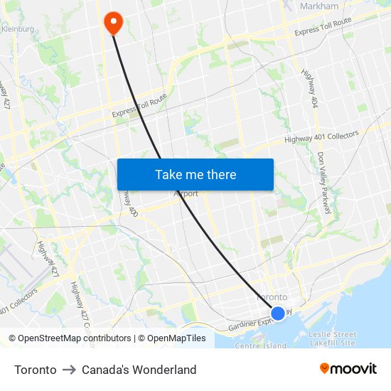 Toronto to Canada's Wonderland map