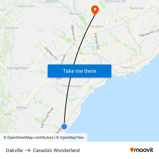 Oakville to Canada's Wonderland map