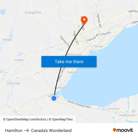 Hamilton to Canada's Wonderland map