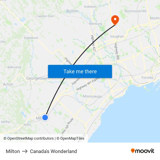 Milton to Canada's Wonderland map