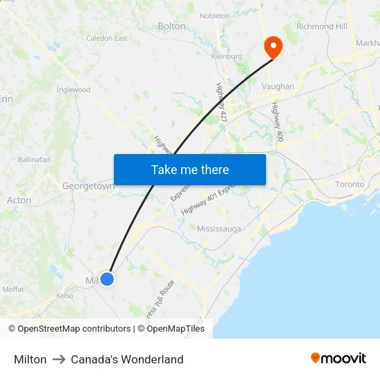 Milton to Canada's Wonderland map