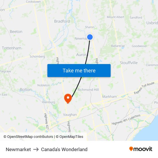 Newmarket to Canada's Wonderland map