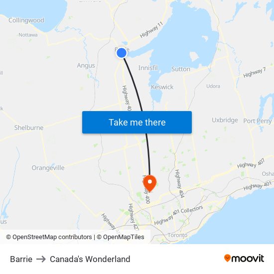 Barrie to Canada's Wonderland map
