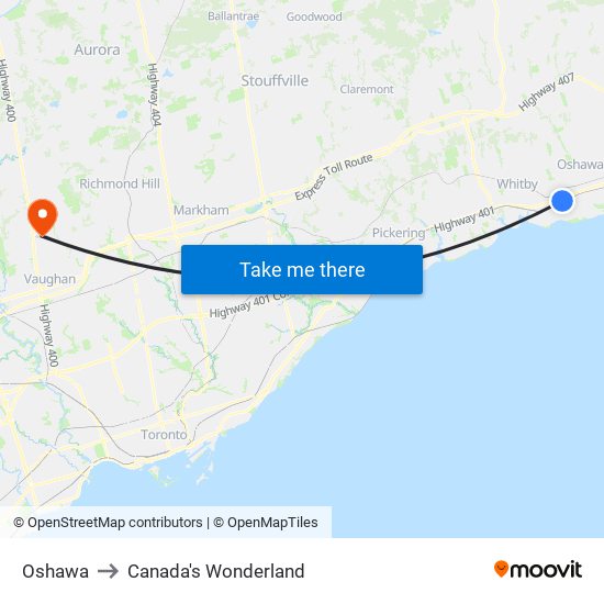 Oshawa to Canada's Wonderland map